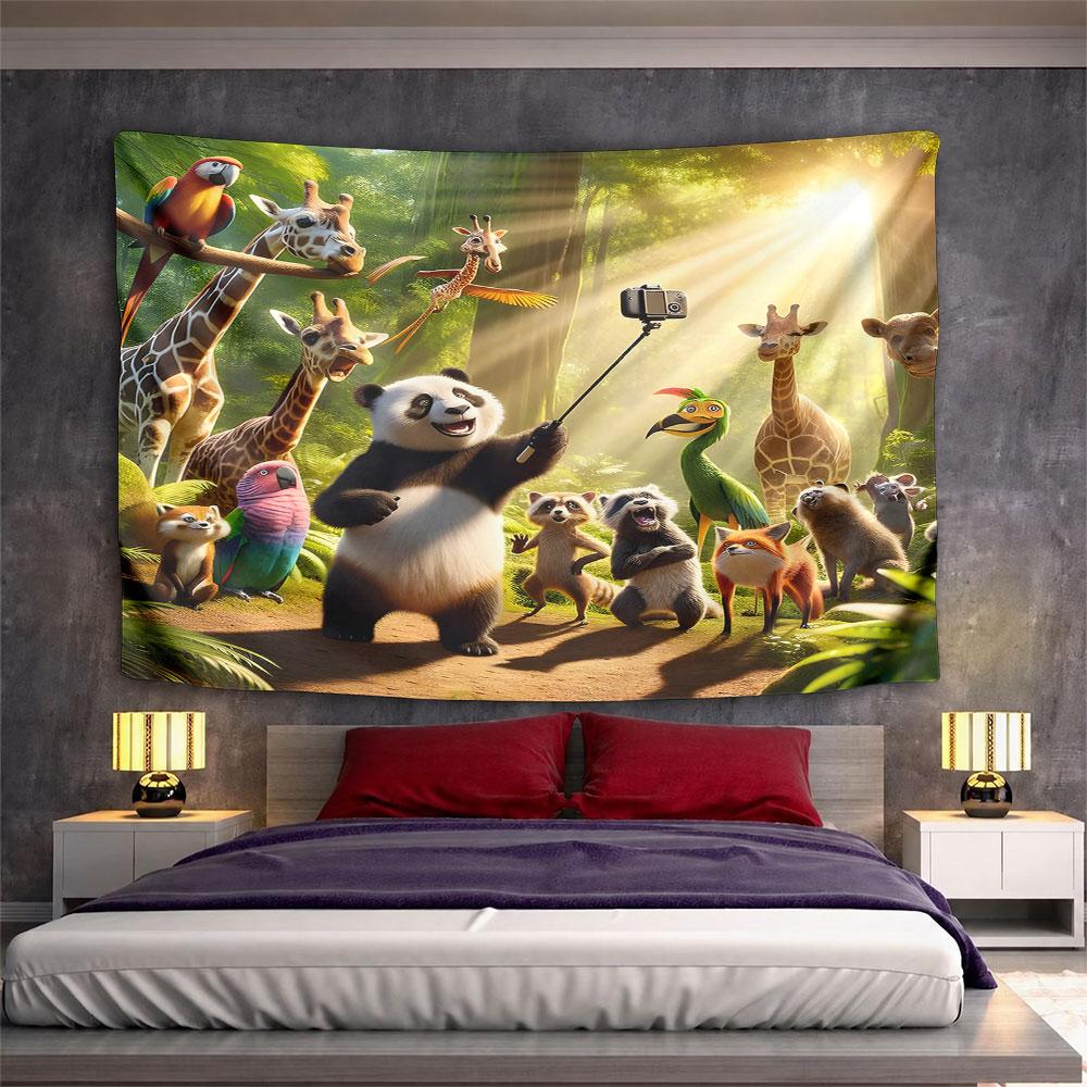 "Panda With Animals Taking Selfie in Forest" Pattern Wall Hanging Tapestry Decorative Tapestry Home Decor for Bedroom and Living Room