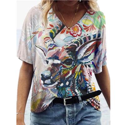 Модные весенние разноцветные принтованные блузки с коротким рукавом и V-образным вырезом футболки повседневные