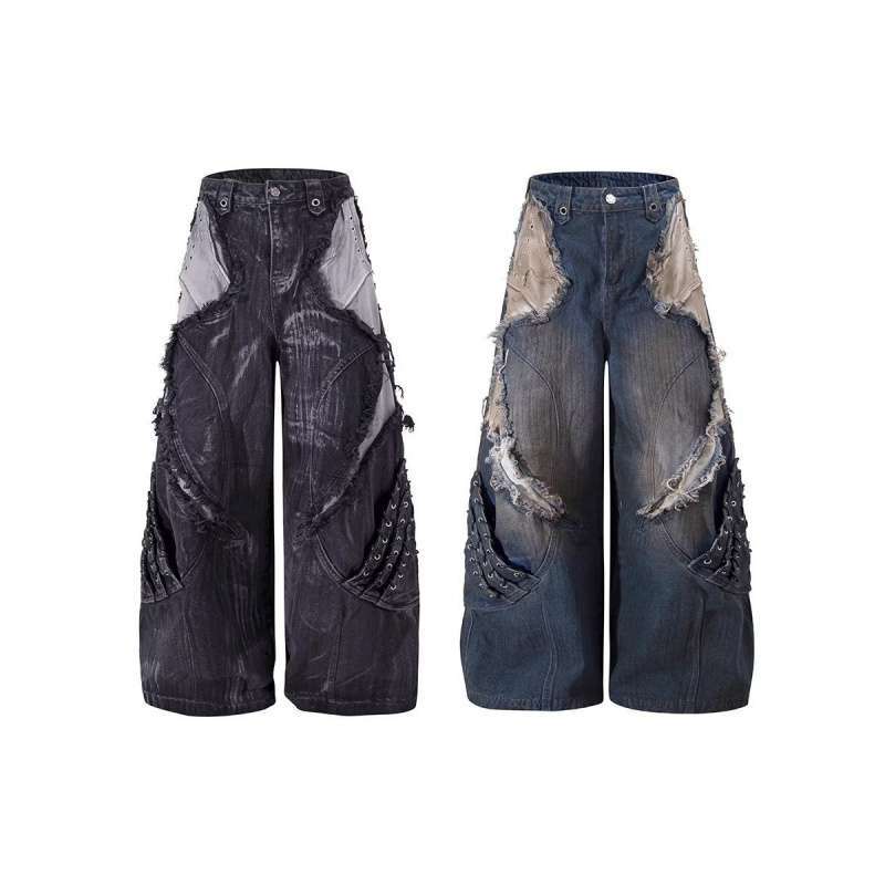 Мужские джинсы с широкими штанинами JYL Песчаная пустошь Американская Тяжелая стирка Заплатка Черные джинсовые штаны