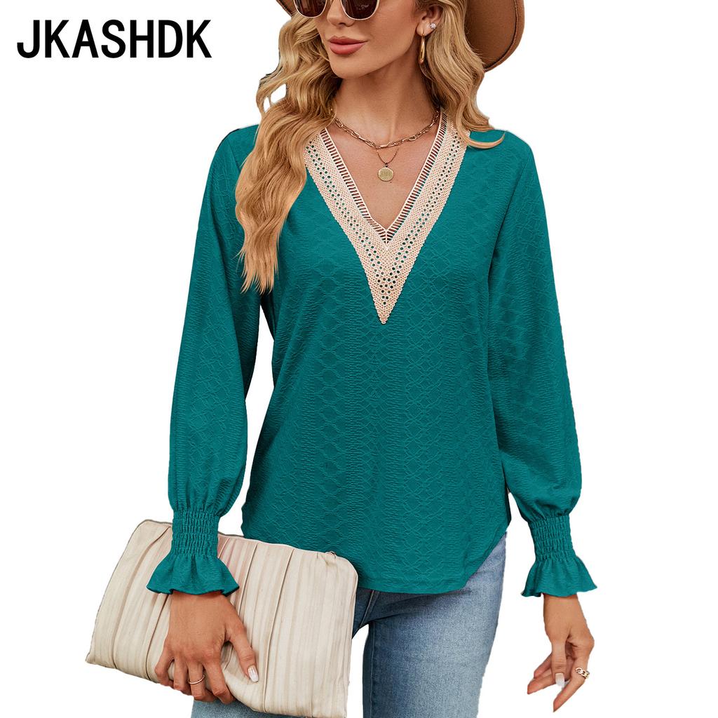 JKAASHDK женские модные повседневные однотонные принты весенне-осенние блузки и рубашки с v-образным вырезом и длинными рукавами