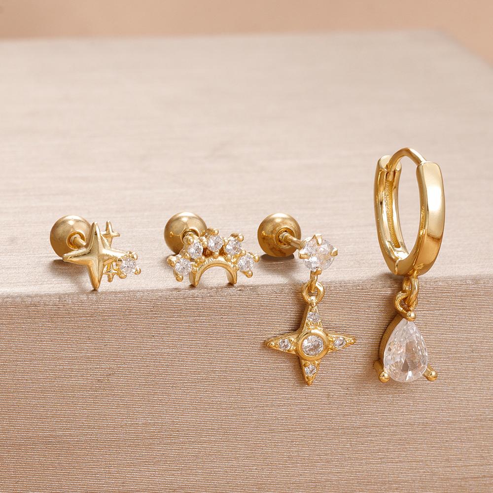4PCS Fashion Star Moon Stainless Steel Zircon Stud Earrings Set For Women 114K Gold Plated Earring Classic Huggie Daily Jewelry