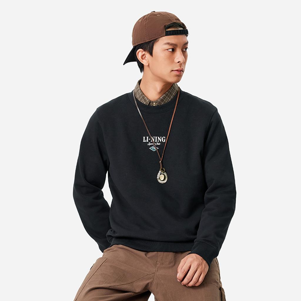Li Ning Sports Lifestyle Series Fashion Casual Streetwear American Vintage Letter Print Флисовая теплая толстовка Мужская толстовка черного цвета AWDU679-3