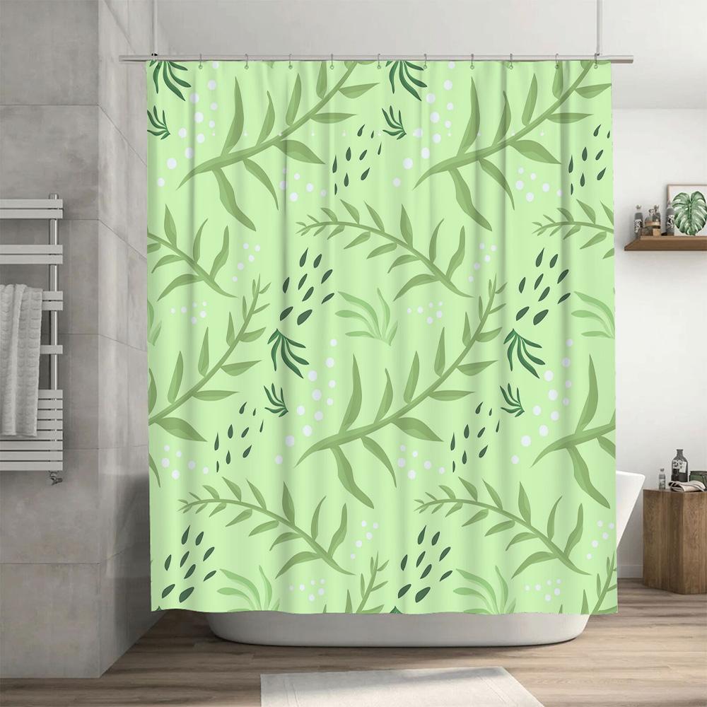 Modern Green Leaf Shower Curtain Bathroom Decor for Girls Kids Bathrooms Waterproof Fabric with Hooks Set Perfect Gift Present M