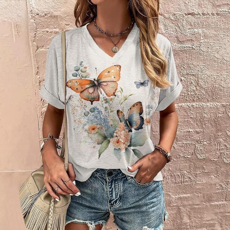 Летняя повседневная женская рубашка с принтом бабочек для поездок на работу, элегантная, с V-образным вырезом и короткими рукавами
