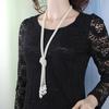 Faux Pearl Necklace White Color Knotted Beaded Long Tassel Neck Chain Elegant Dress-Up Alloy
