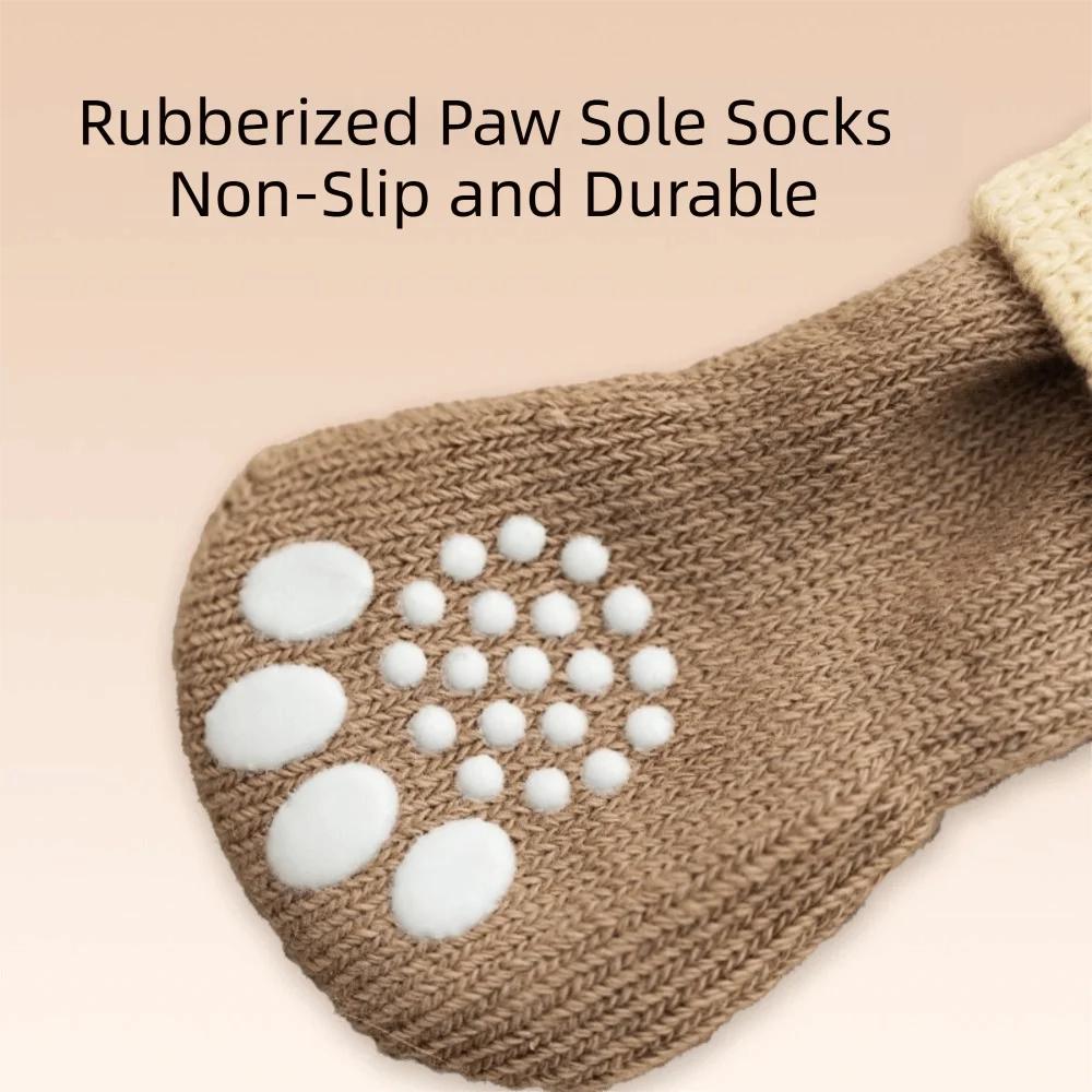 4pcs/set Elastic Puppy Warm Socks Cartoon Pattern Dog Paw Protectors Pet Footwear  Autumn Winter