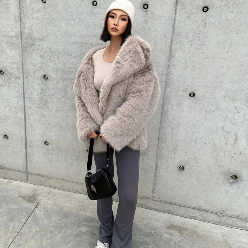 Fashionable Street Style Fox Fur Coat Loose Suit Collar Medium Long Imitation Fur Coat for Women Autumn-winter Fur Overcoat