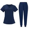 Women's Short Sleeved Solid Color V Neck Pocket Top Pants Work Clothes Two Piece Set