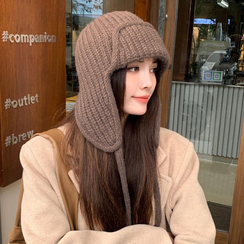 Японская вязаная шапка для защиты ушей, зимняя теплая, морозостойкая, летная шапка, однотонная шерстяная вязаная шапочка, корейская женская шапочка
