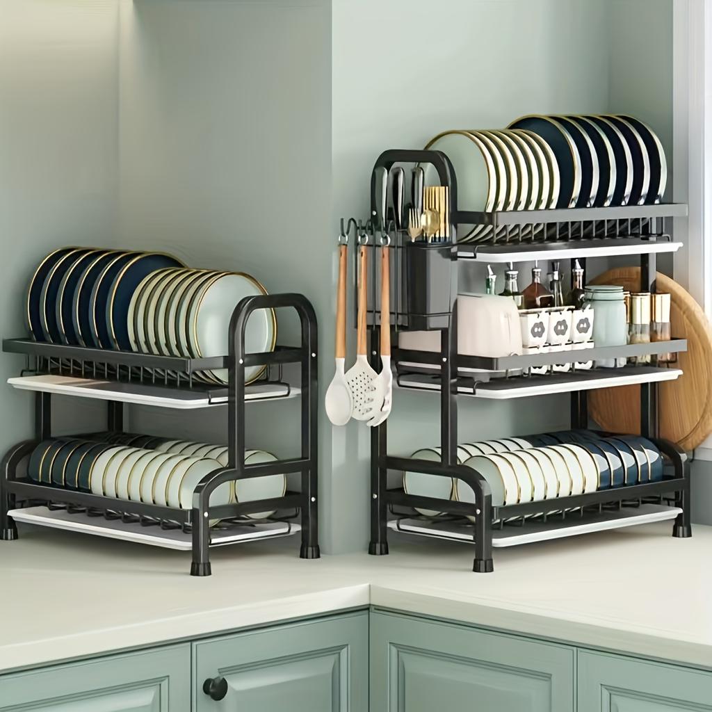 1 Set Premium Carbon Steel 3-Tier Dish Rack with Drainboard - Large Capacity Kitchen Organizer for Dishes, Utensils, Cutlery & Chopping Board Storage