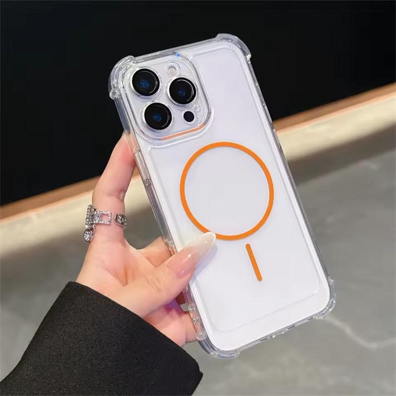 Роскошный Противоударный Прозрачный Чехол-бампер с Подушками Безопасности для MagSafe для iPhone 11 12 13 14 15 16 Pro Max Plus с Магнитной Беспроводной Зарядкой
