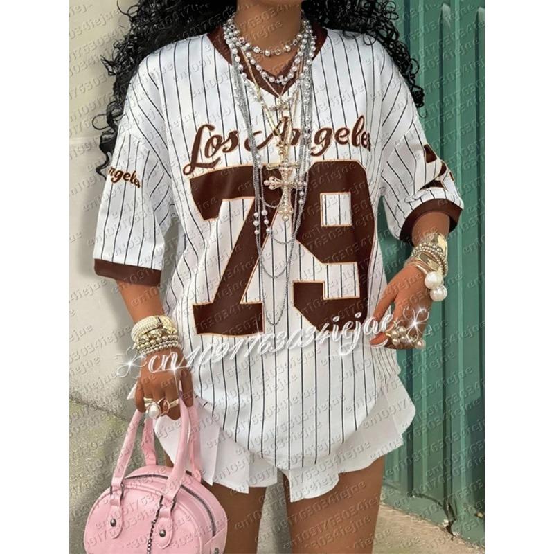 Летняя Новая Футболка с Принтом 79 и Полосками, V-образный Вырез, Короткий Рукав, Спортивная Футбольная Майка