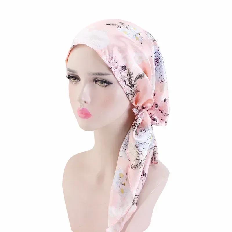 New Shimmer Pre-Tied Hat Women Muslim Hijab Turban Long Tail Headscarf Beanies Bonnet Hair Loss Chemo Cap Head Wrap Bandanas