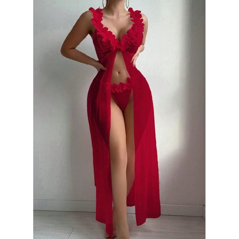 Women's Seduction Night 3D Floral Lace Lingerie Dress Nightgown Set + Thong Intimate Apparel Bedroom Attire Sleepwear ComboGood product
