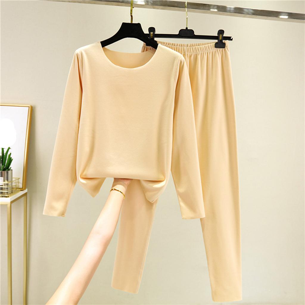 Ladies' Casual And Comfortable Long Sleeved Solid Color With Thick Velvet Sleepwear And Warm Pants Set