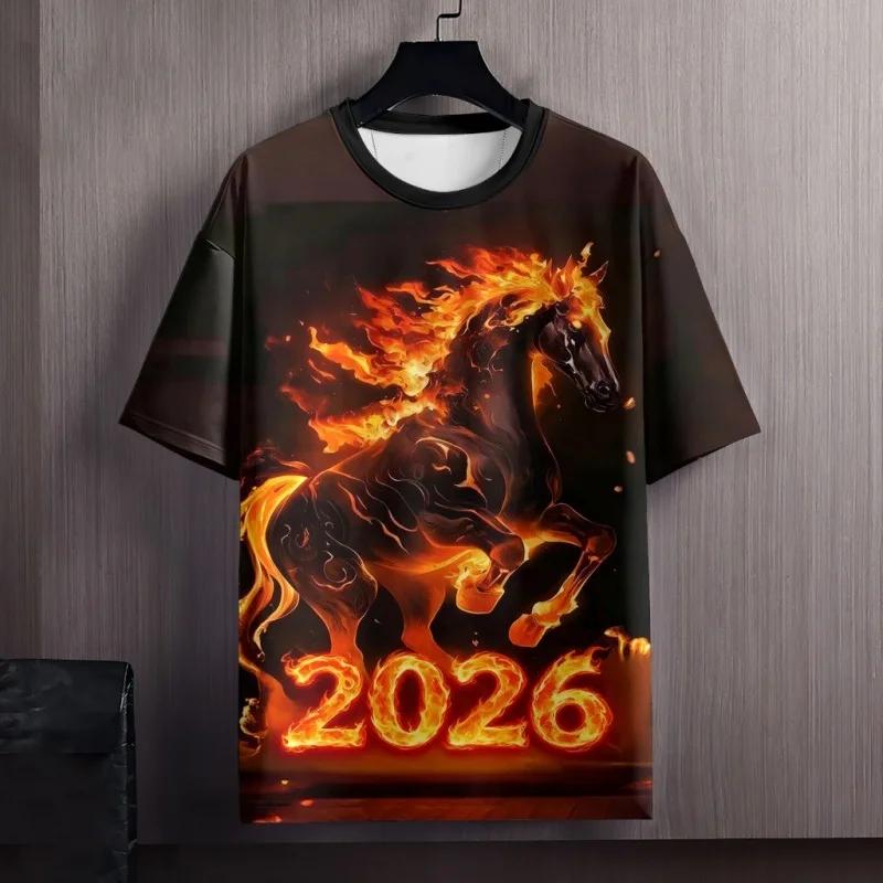 Футболка с рисунком 'Год Огненной Лошади' для мужчин 2026 Новый Год 3D Печать Летние Повседневные Топы с Круглым Вырезом Свободные Футболки с Коротким Рукавом