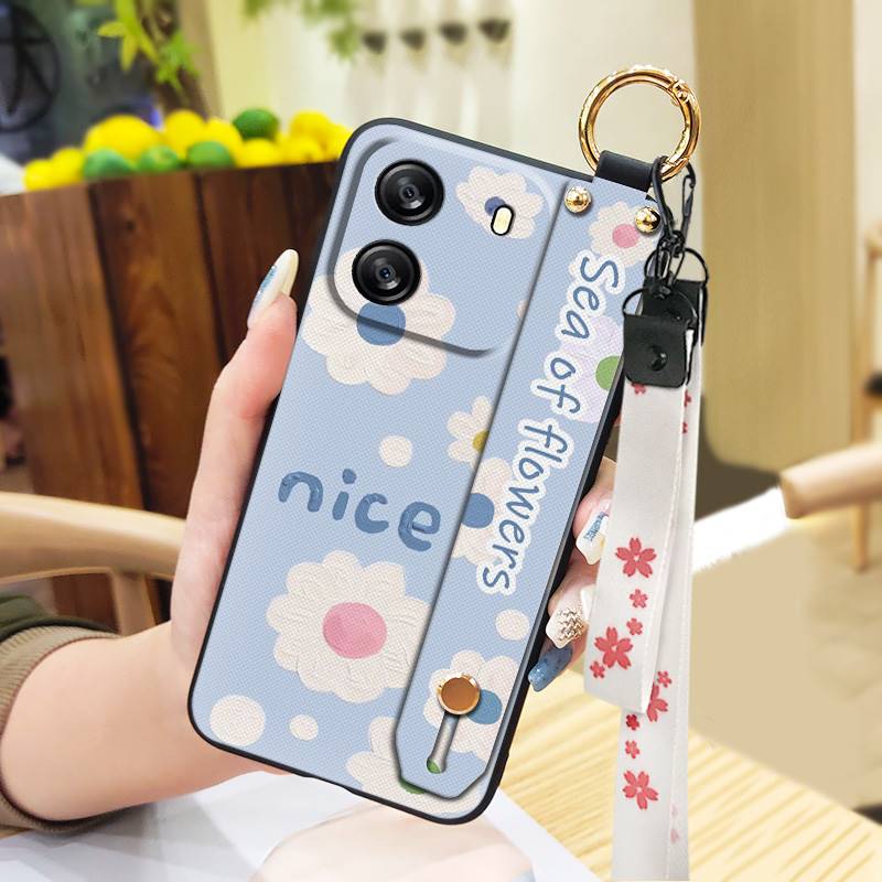 Protective Anti-dust Phone Case For Blackview Wave 6C Kickstand Ring Lanyard Soft Case Phone Holder Anti-knock Flower