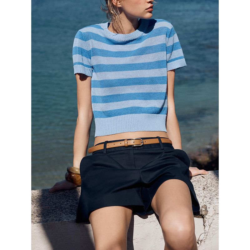 Za2025 Summer New Women Clothes Stripe Round Neck Short Sleeve Top 2142079 104 2142079 105