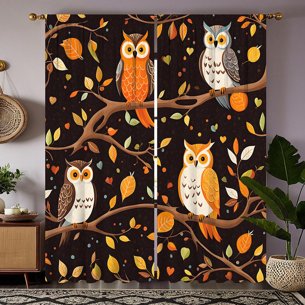 2 Pieces of HD Owl Decorative Curtain On the Tree At Night Black Tie Digital Printed Curtain Home Decoration Style Decoration Li