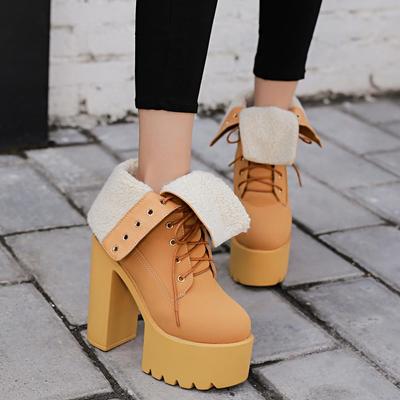 Женские полусапожки на платформе с блочным каблуком в корейском стиле со шнуровкой, зимние модельные ботинки, теплые меховые, на сверхвысоком каблуке T-Stage