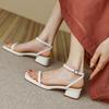 Women Genuine Cow Leather Square Toe Ankle Buckle Strap Retro Summer Mid Heel Ladies Pump Shoes