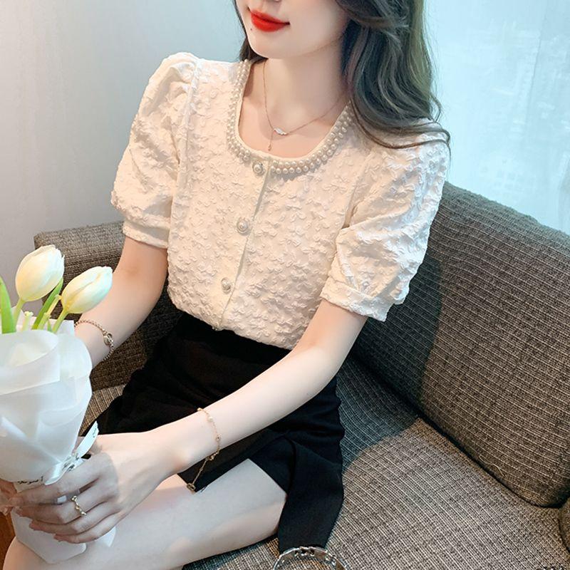 WTEMPO Брендовая модная рубашка с короткими рукавами и пузырьковыми рукавами, женская летняя темпераментная рубашка с квадратным воротником и сотней бус