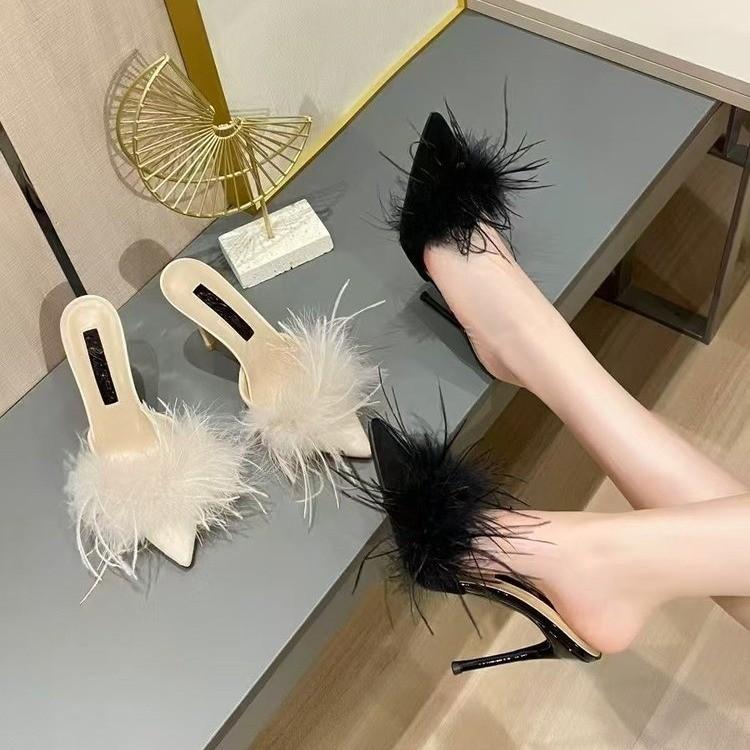 Fashion Mao Mao Cool Slippers Women's Spring and Summer 2025 New Bag Head Pointed Head Thin Heel High Heel Net Red Wear Half Slippers