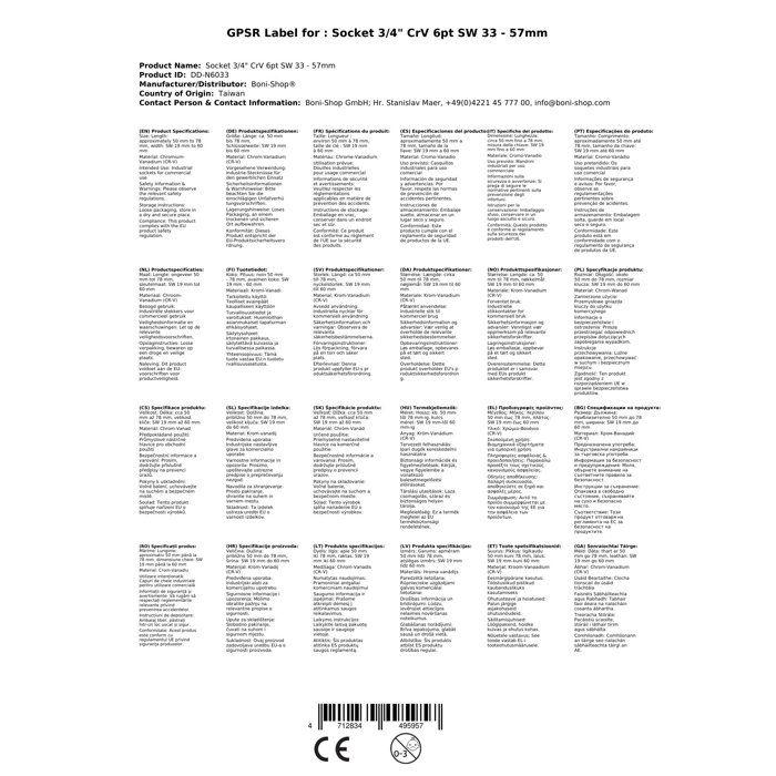 Douille 3/4 pouce - BONI-SHOP® - 33mm - Chrome-vanadium - 6 pans - Professionnelle