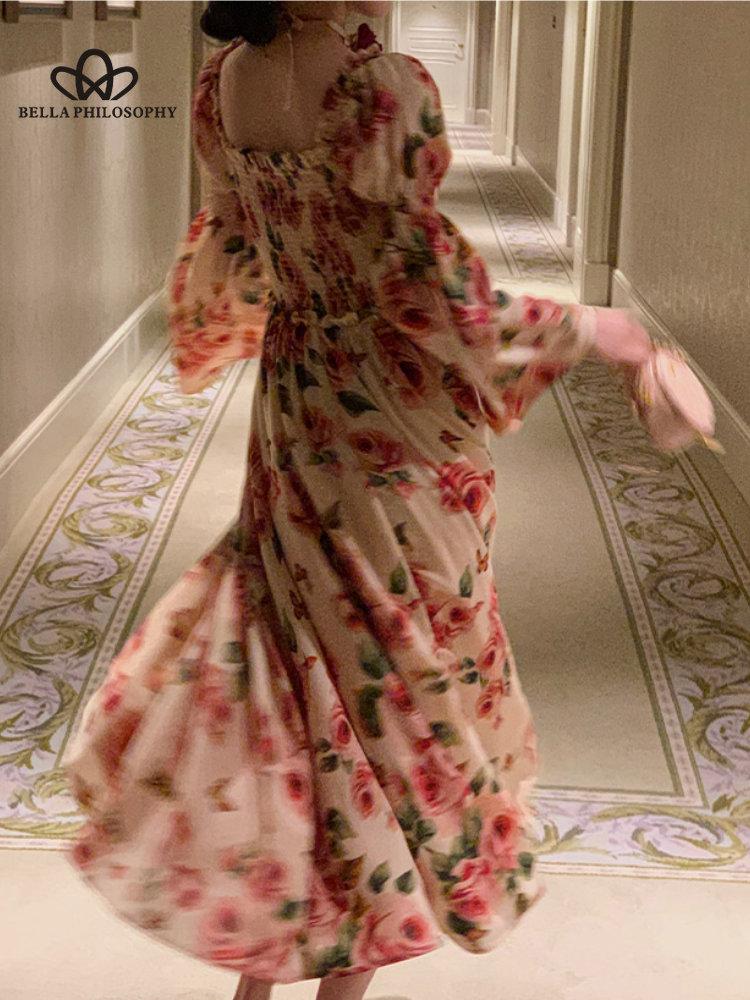 Французское винтажное платье миди, женское повседневное вечернее платье с длинным рукавом, элегантное синее весеннее пляжное цельное платье, корейская мода