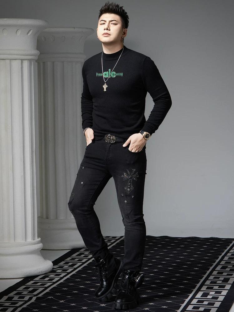 European Goods Trendy Brand Letters Print Sweater Men's Autumn and Winter Casual Long sleeve Bottoming Shirt Men's Half-high Collar Knit