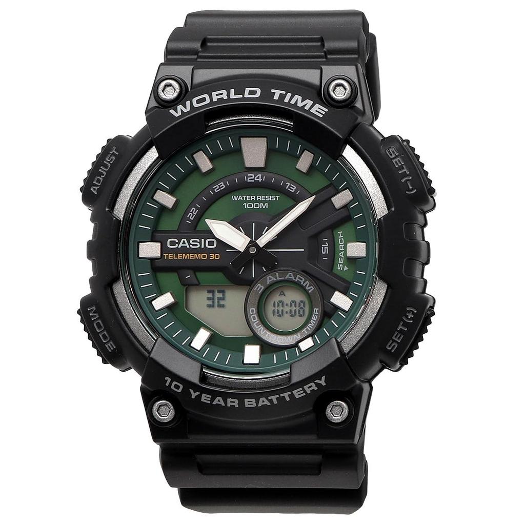 Casio World Time Ana-Digi Quartz Watch AEQ-110W-3A2V Men's Green Sunburst Dial Black