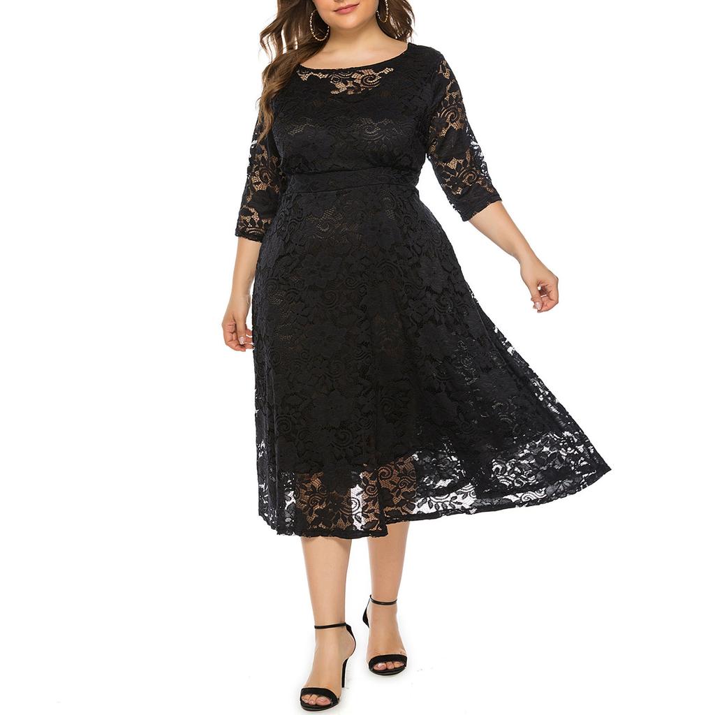 Женское модное платье большого размера с полым кружевом и карманами, вечернее платье, длинная юбка
