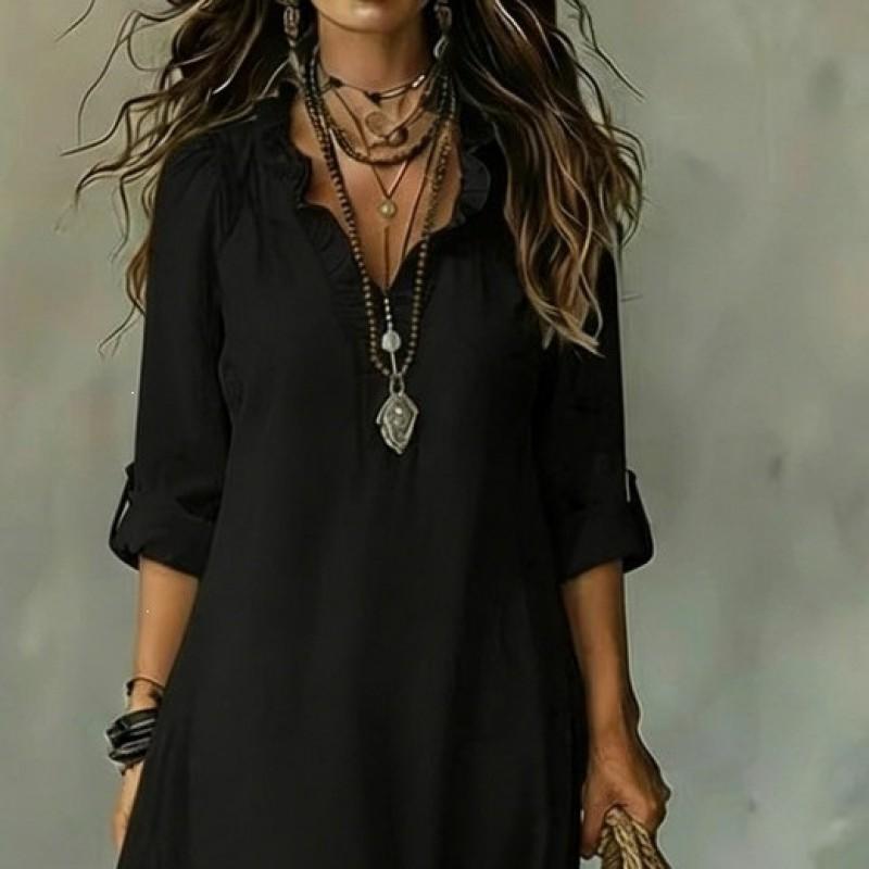 2026 Solid Color Long Sleeve Dress Loose Fit V Neck Maxi Women