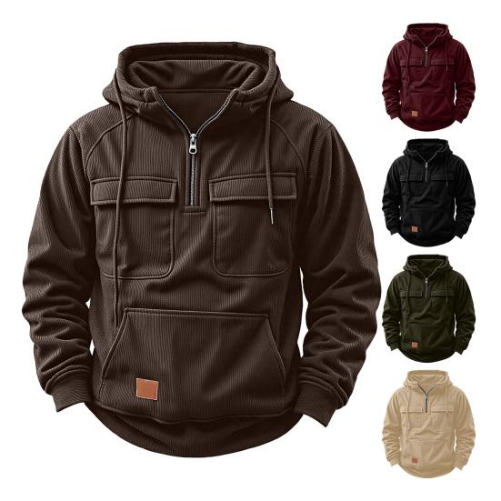 Men Hoodie Zipper Half Placket Hooded Drawstring Long Sleeve Sport Tops with Pockets Solid Color Multi-Pocket Design Warm Sweatshirt