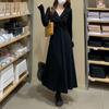 French Style Stylish Folds Dresses 2024 Autumn Winter Solid Color Female Clothing V-Neck Elegant A-Line Waist Knitted Long Dress
