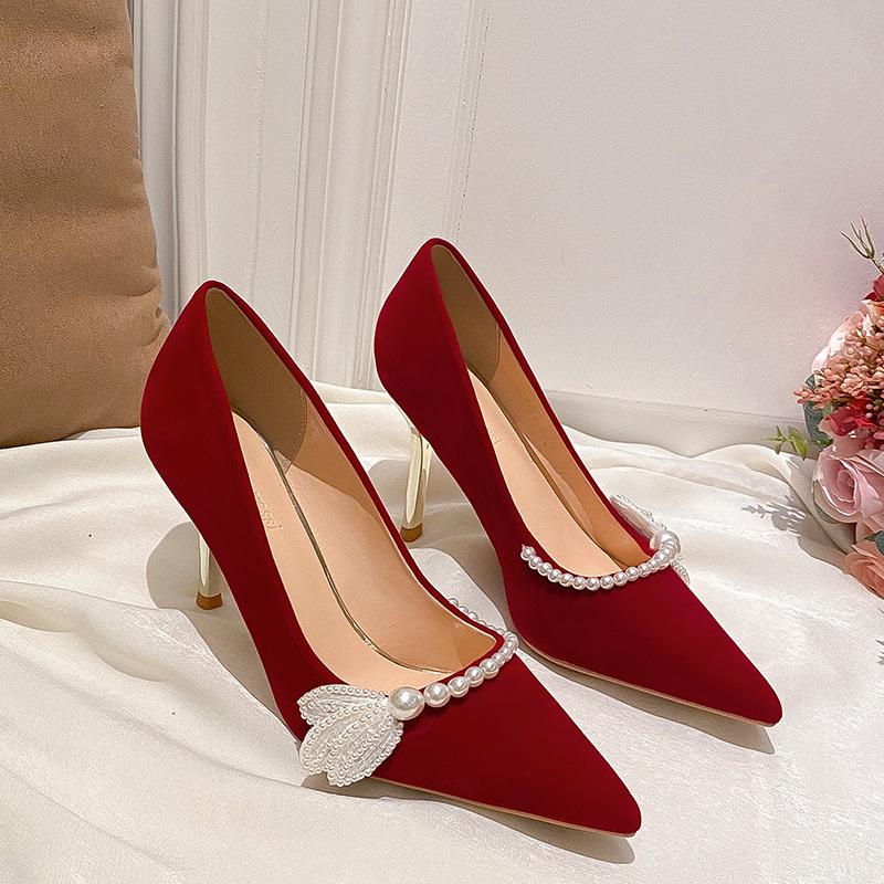 Red Thin Heel Single Shoes Pearl Stiletto Pointed Toe Suede Slip On Silk Women Soft Beaded Pumps Bride Satin High Heels