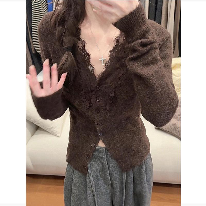 Women's Knitted V-Neck Lace Trim Top - Autumn/Winter Style, Chic and Youthful Layerable Piece