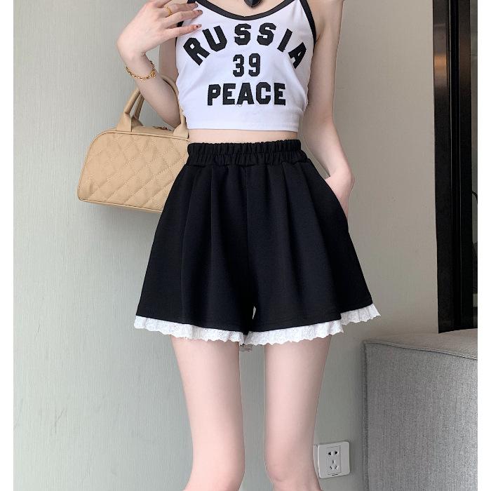 Sports Shorts Women's New Korean Version of Loose Lace Lace Elastic High-waisted Temperament Casual A-line Wide-leg Pants To Wear