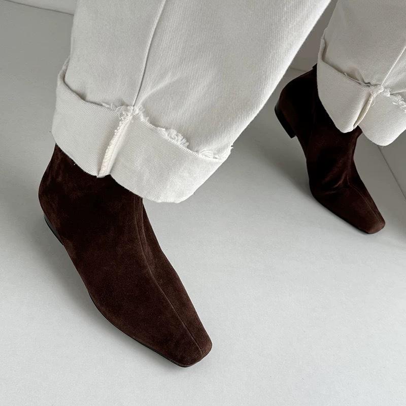 Французский простой стиль квадратный носок маленькие ботильоны на плоской подошве тонкие ботинки задняя молния короткие ботинки женские осень и зима новые универсальные ботинки Мартин