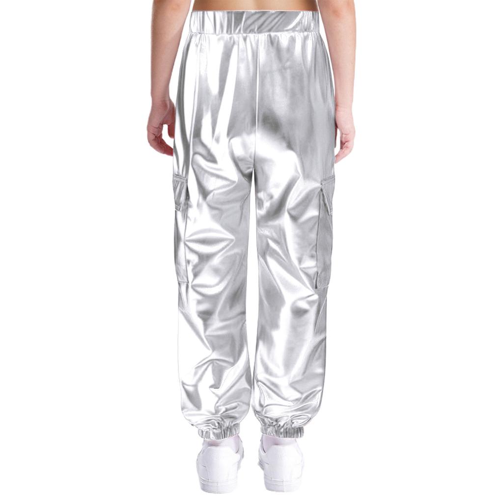 Унисекс Детские Металлические Танцевальные Брюки Эластичный Пояс Блестящие Брюки с Карманами Хип-Хоп Джаз Одежда для Выступлений