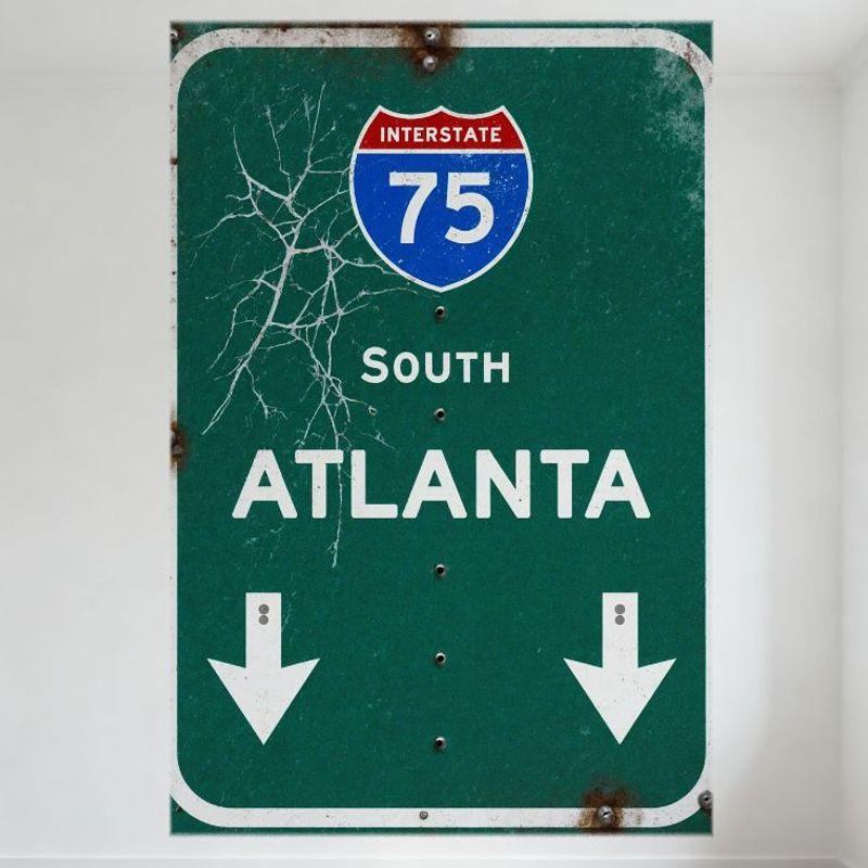 Винтажная металлическая вывеска Interstate 75 South Atlanta с эффектом старения Ретро дорожный щит Оловянная вывеска для мужской комнаты, бара, домашнего декора стен 8x12 дюймов