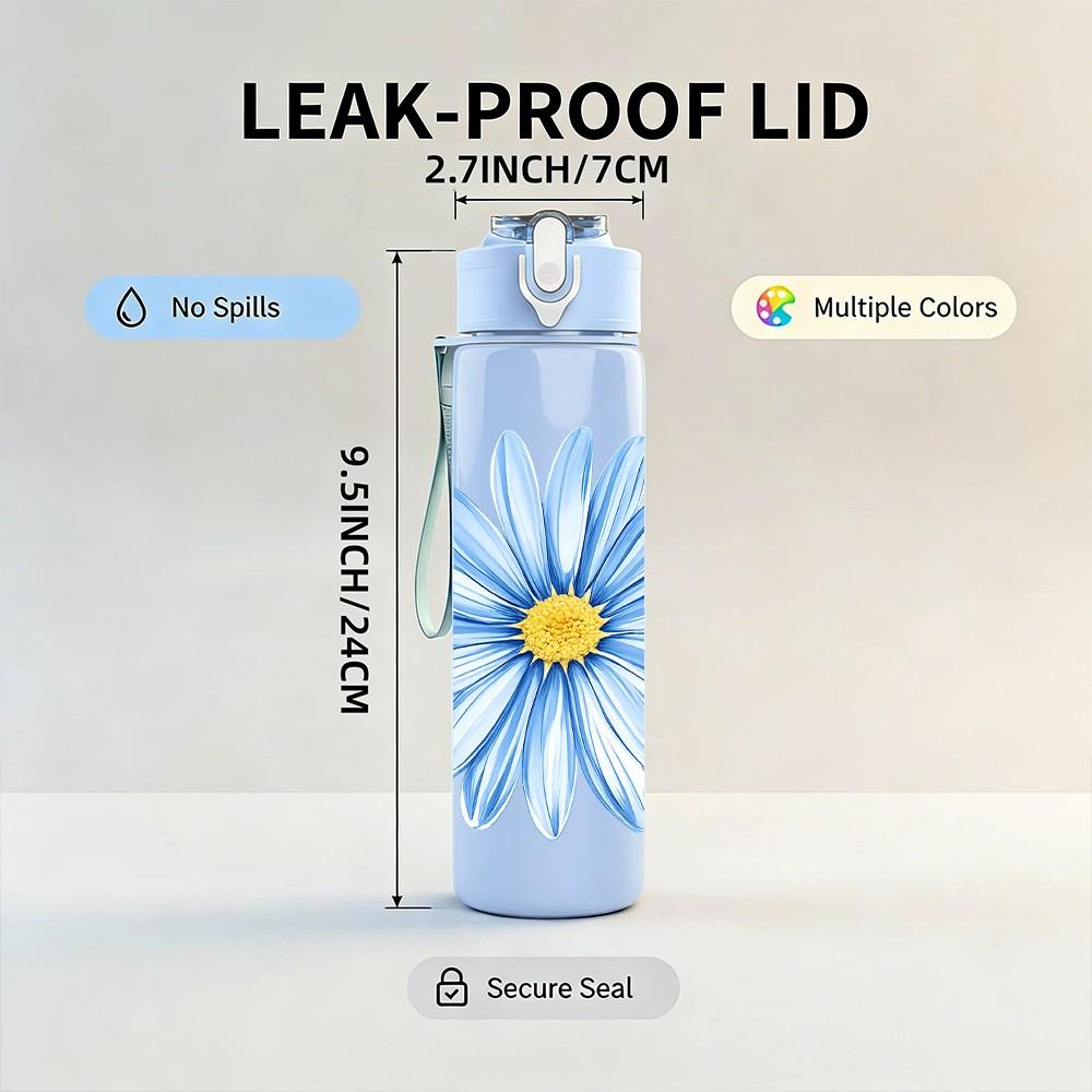 1PC Blue Daisy Watercolor Flower Print 750ml Color Plastic Sports Water Bottle Leakproof Flip Straw Lid Suitable for Sports Office Home Use