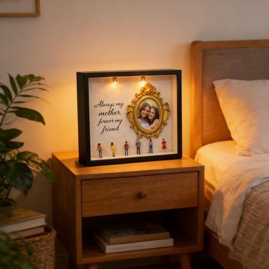 DIY Mini Museum Silhouette Box Personalized Photo Memory Display Case with Gold Frames Figurines Shadow Box Frame Kit with Light Gift for Mother's Day