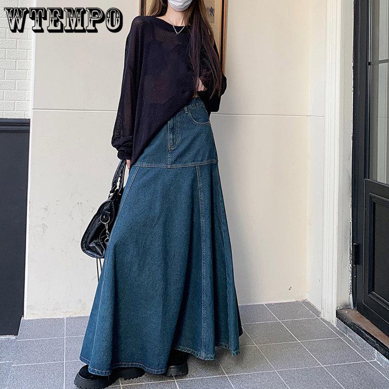 WTEMPO Длинная винтажная синяя джинсовая юбка, женская весенне-осенняя элегантная универсальная юбка с высокой талией, уличная одежда