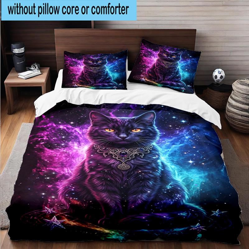 Cosmic Cat Dreamscape 3pcs Bedding,Including 1pc Duvet Cover And 2pcs Pillowcases Perfect for Christmas,Ideal for Bedroom, Dormitory
