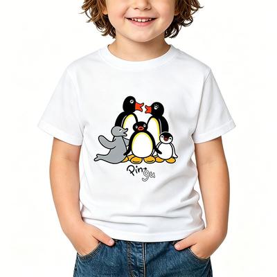 Летняя футболка Pingu 100% хлопок Кавайный Мультяшный принт для мальчиков Футболки для девочек Дети Круглый вырез Одежда Спортивная Мода Топы Манга Короткий рукав летняя одежда