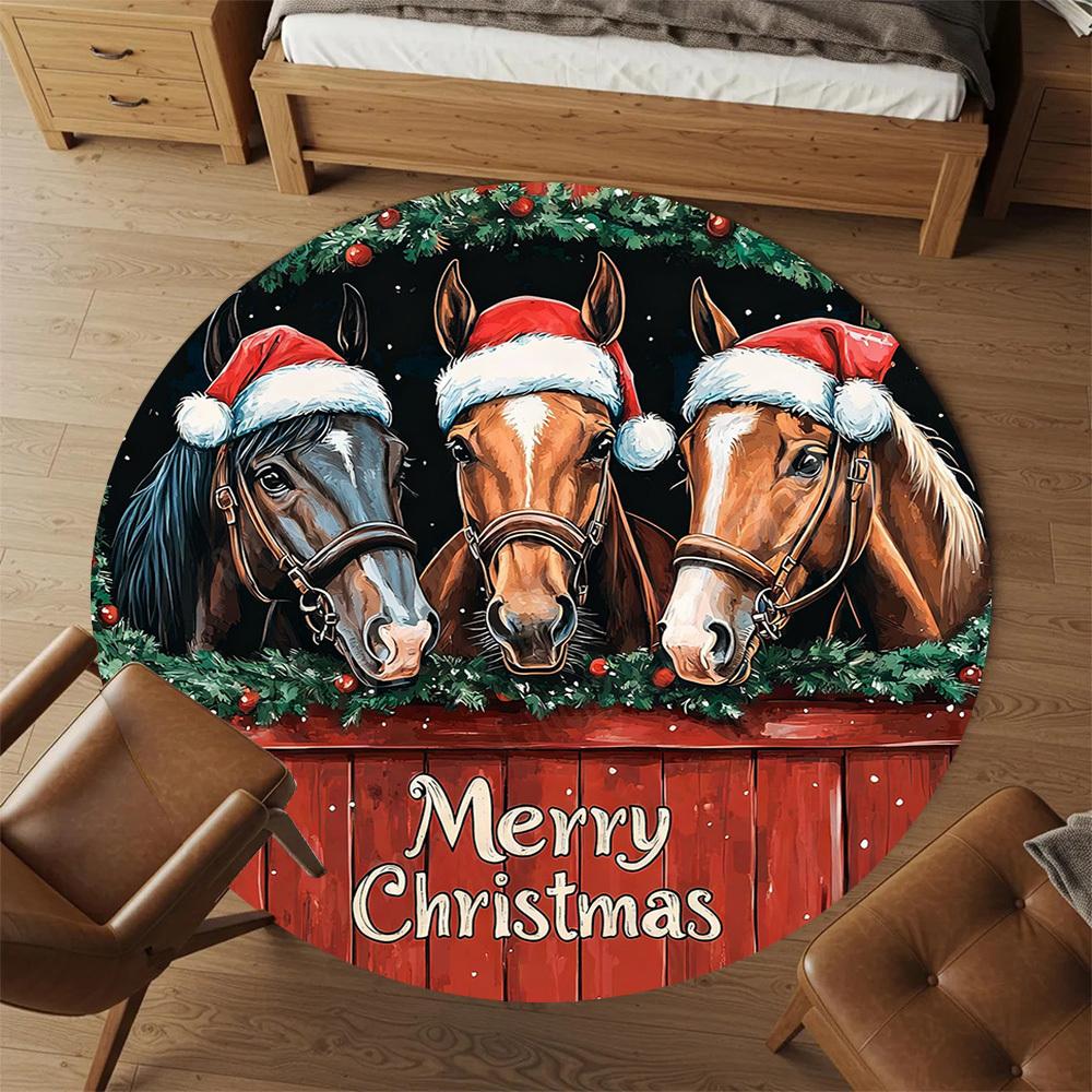 1PC Horses Merry Christmas Office Round Area Rug, Under Office Chairs Bedroom Living Room Home Decor, Carpet for Office -1110049