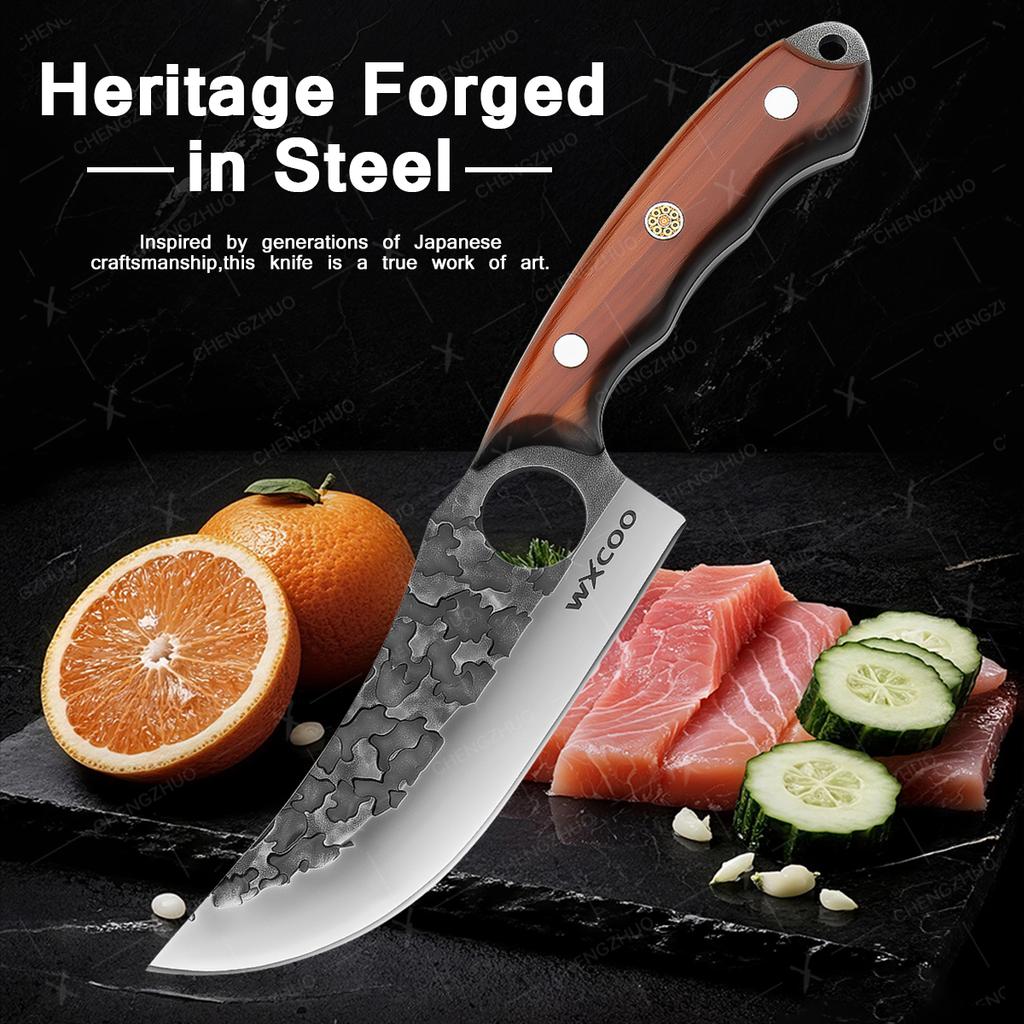 Профессиональный нож для мяса Кованый нож для разделки Нержавеющая сталь Топор Кухонный нож шеф-повара Ножи для мяса, рыбы, фруктов с чехлом