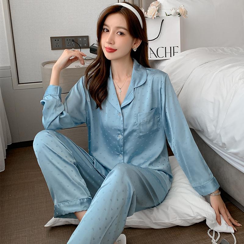 Women's Spring Autumn Jacquard Ice Silk Sleepwear Set Long Sleeves 2 Piece Homewear Plus Size Summer Thin Loungewear
