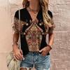Summer Retro Women's T-Shirt Ethnic Print Short Sleeve Fashion V-Neck Tee Shirt Casual Harajuku T Shirt For Ladies Streetwear
